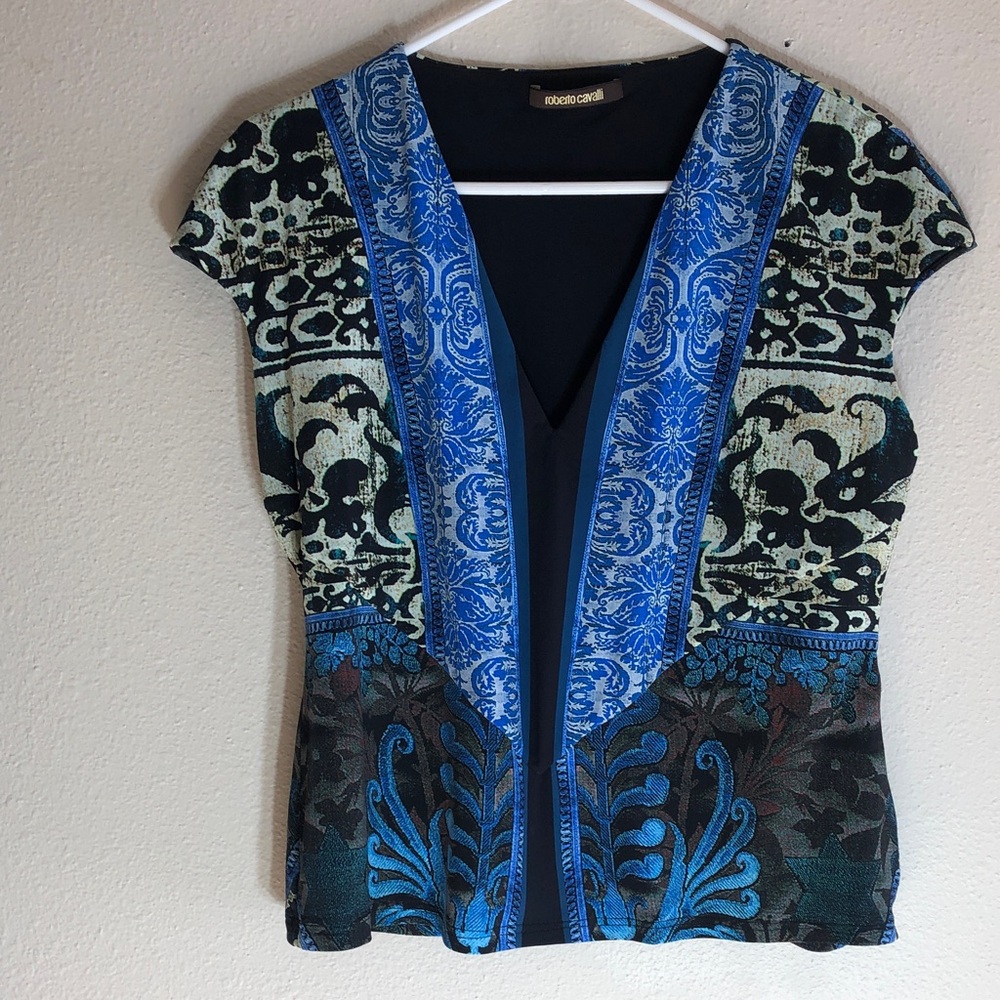 Roberto Cavalli Blue Black Patterned Cap Sleeve Blouse